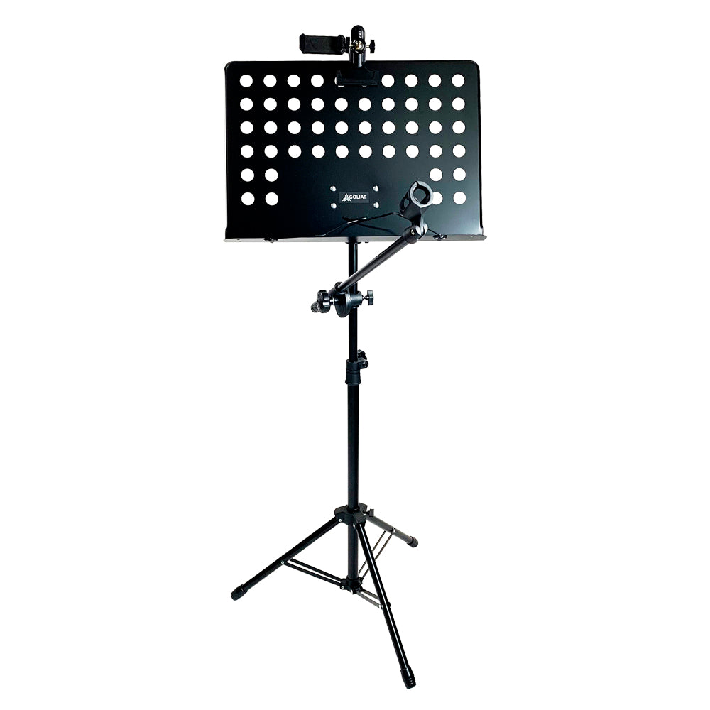 Pedestal Goliat para micrófono con soporte de celular y atril de partituras-1