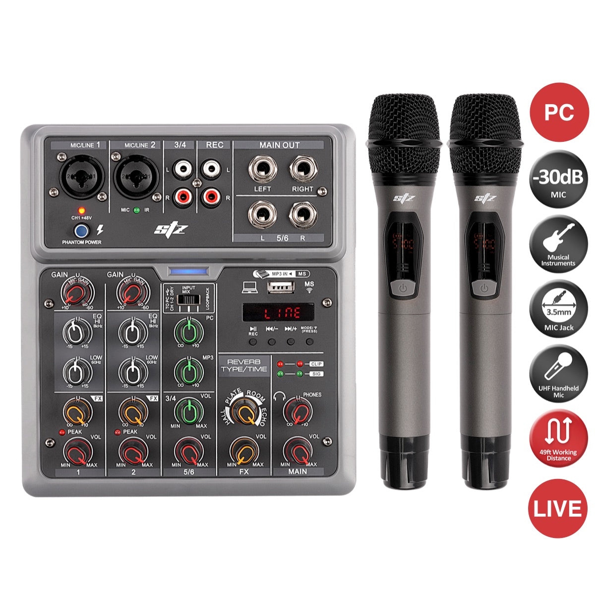 Pareja de micrófonos UHF STZ con consola e interfaz-1