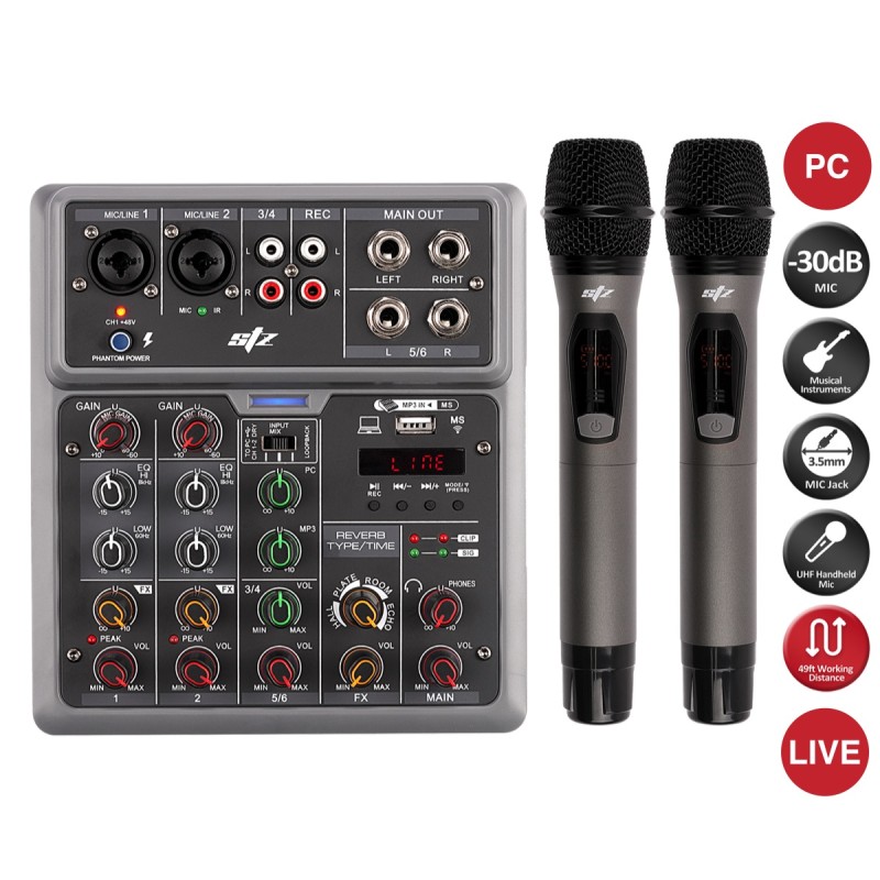 Pareja de micrófonos UHF STZ con consola e interfaz
